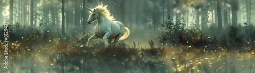 Capture the majestic unicorn galloping through a misty forest  seen from a birds eye view  their iridescent mane shimmering under the moonlight