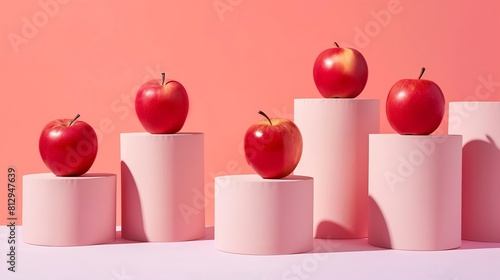 Some red apples displayed on a pink background with cylinder white podiums Abstract background with minimalist style for product brand presentation Advertising cosmetic from apple ingr : Generative AI photo