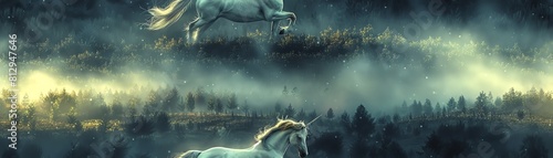 Capture the majestic unicorn galloping through a misty forest, seen from a birds eye view, their iridescent mane shimmering under the moonlight photo