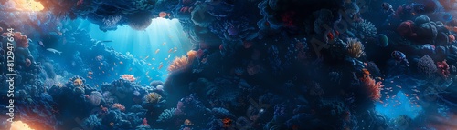 Capture the surreal moment of astronauts descending into a luminescent underwater cave photo