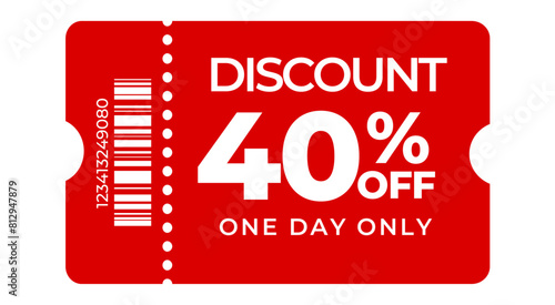 Vector ticket design template in minimalist style, Red ticket, Gif voucher 40% save, Discount ticket