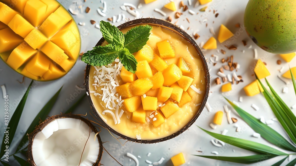 Tropical smoothie bowl with coconut and mango, top view, bright, sunny setting Tropical smoothie bowl with coconut and mango, top view, bright, sunny setting