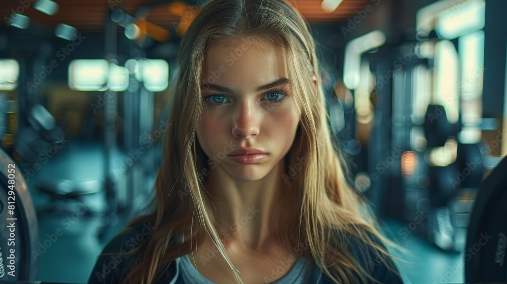 Cute yet fierce chick in the middle of a weightlifting session, serious expression focused on lifting, with gym equipment in the backdrop Cute yet fierce chick in the middle of a weightlifting session, serious expression focused on lifting, with gym equipment in the backdrop