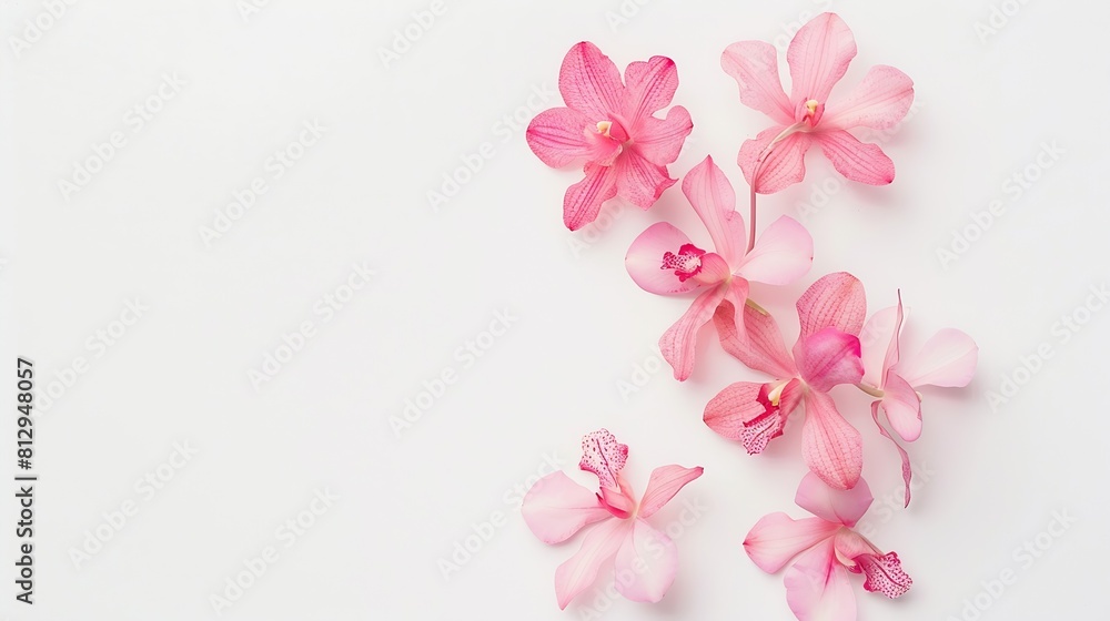 Fototapeta premium Orchid flowers creative layout isolated on white background Pink flower composition Holiday concept Floral design element Top view flat lay : Generative AI