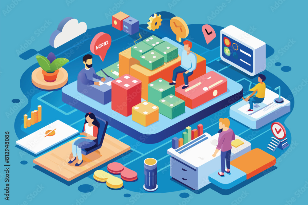 Multiple individuals gathered around a tablet device, engaged in discussion or viewing content, Mental health Customizable Isometric Illustration Multiple individuals gathered around a tablet device, engaged in discussion or viewing content, Mental health Customizable Isometric Illustration