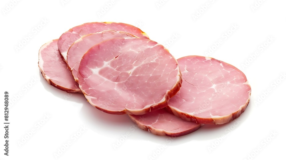 round pieces of ham isolated on white background with clipping path five pieces of pork ham cut into slices laid out to create layout italian food : Generative AI