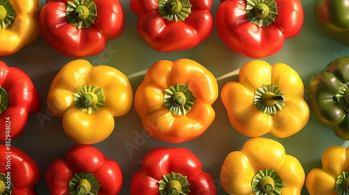 Stuffed bell peppers, vibrant red and yellow, top view, bright kitchen setting