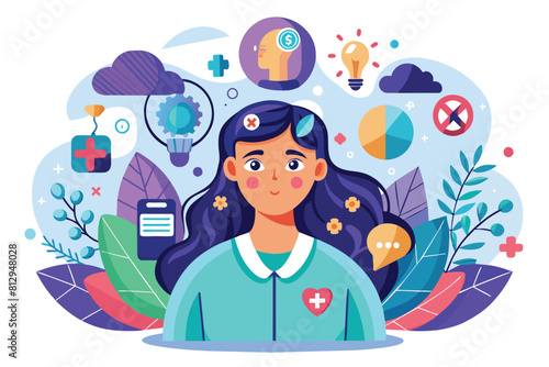 A woman standing with numerous icons floating above her head, representing mental health concepts, Mental health Customizable Flat Illustration