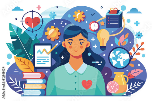 A woman stands amidst a diverse array of objects, creating a busy and dynamic scene, Mental health Customizable Flat Illustration