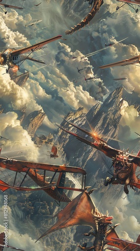 Craft a scene where a dragon gracefully weaves through vintage biplanes from the Golden Age of Aviation Employ dramatic contrasts and reflections to enhance the magical clash of er