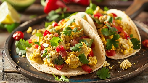 Vegan breakfast tacos with tofu scramble, closeup, fresh morning light, colorful toppings photo