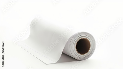 An isolated image presents a blank cash register receipt roll against a white background, suitable for illustrating financial transactions and sales records.