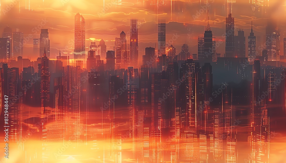 Design a CG 3D cityscape with skyscrapers made of fluctuating line graphs