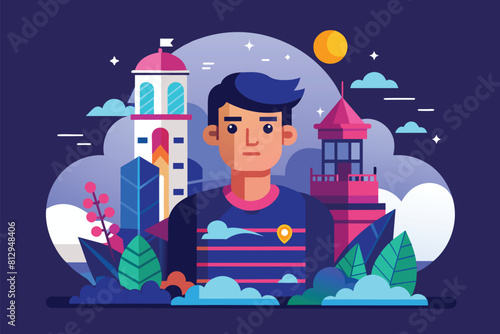 A man standing in front of a grand castle, admiring its architecture and size, Metaverso Customizable Semi Flat Illustration