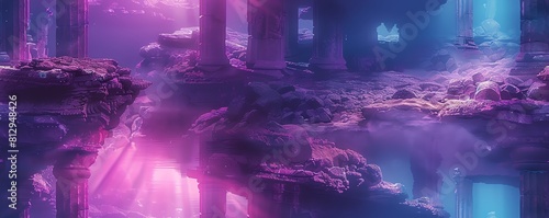 Create an ethereal view of ancient submerged ruins intertwined with sleek