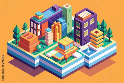 Isometric illustration of a city filled with buildings and trees under a clear sky, Metaverso Customizable Isometric Illustration © Iftikhar alam