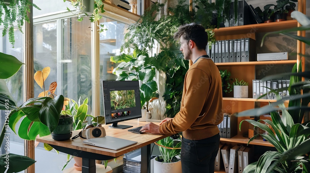 A man is sitting at a desk in a room full of plants. He is working on a computer A man is sitting at a desk in a room full of plants. He is working on a computer