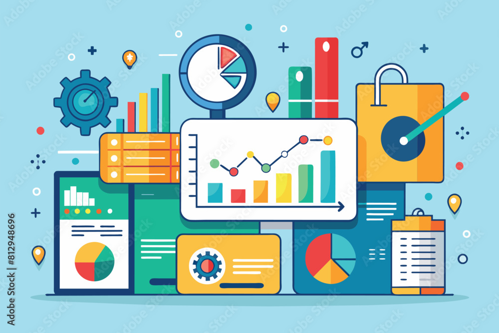 A tablet displaying a chart on its screen, Metrics Customizable Flat Illustration A tablet displaying a chart on its screen, Metrics Customizable Flat Illustration