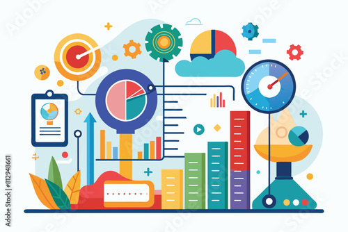 Various objects and elements in a customized flat design layout with disproportionate illustrations, Metrics Customizable Disproportionate Illustration