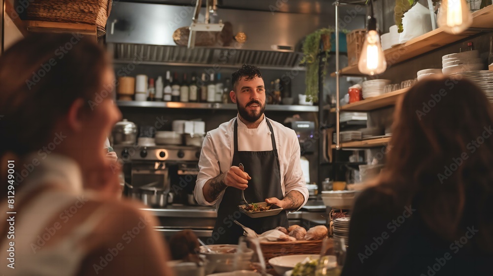 A man in a chef's uniform is preparing food in front of a group of people. The atmosphere is lively and social, as the people are gathered around the man, watching him cook A man in a chef's uniform is preparing food in front of a group of people. The atmosphere is lively and social, as the people are gathered around the man, watching him cook