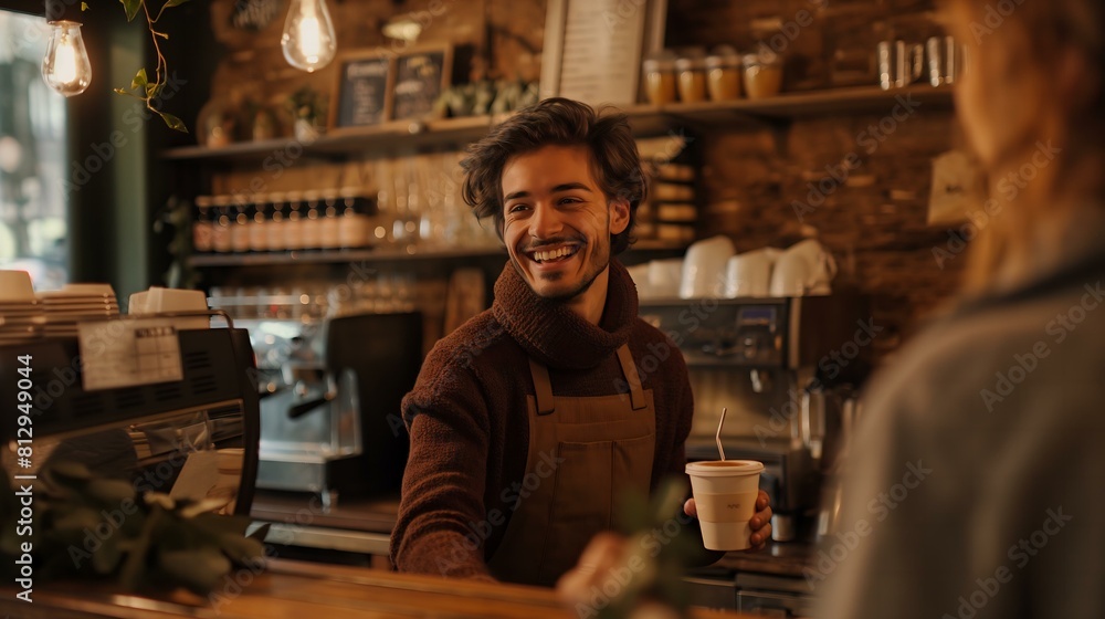 A man in a brown sweater is smiling at a woman behind the counter. He is holding a cup of coffee and the woman is holding a cup of coffee as well. The atmosphere seems to be friendly and relaxed A man in a brown sweater is smiling at a woman behind the counter. He is holding a cup of coffee and the woman is holding a cup of coffee as well. The atmosphere seems to be friendly and relaxed