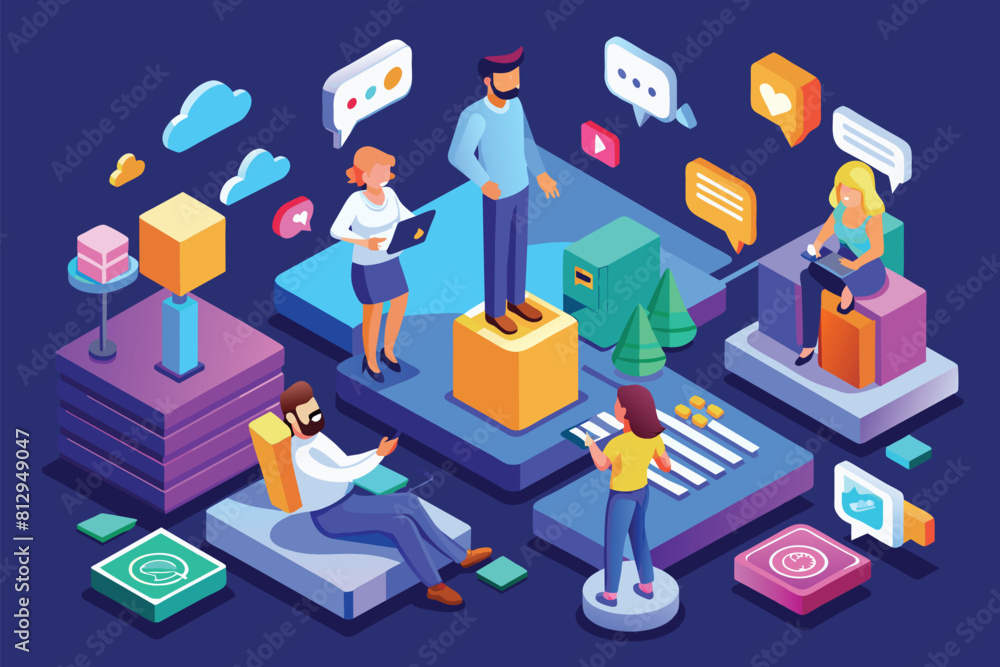 People standing on a giant cell phone in an isometric illustration, Miscommunication Customizable Isometric Illustration People standing on a giant cell phone in an isometric illustration, Miscommunication Customizable Isometric Illustration