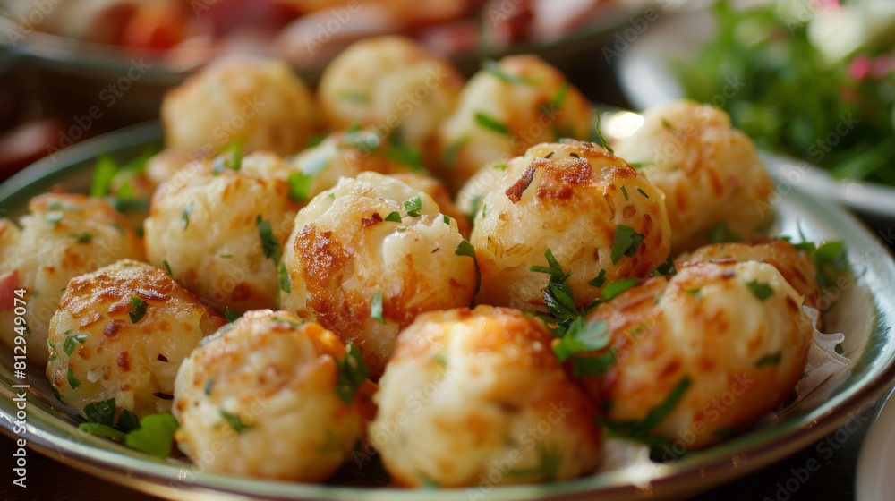Golden and cheesy potato balls garnished with parsley, displayed on a plate, perfect for appetizers or a savory snack option Golden and cheesy potato balls garnished with parsley, displayed on a plate, perfect for appetizers or a savory snack option