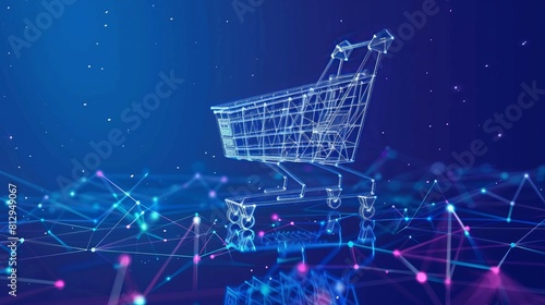An illustration depicts the concept of online shopping, retail, and ecommerce, with a polygonal laptop and a shopping cart against a blue background, representing an ecommerce store concept. © Elchin Abilov