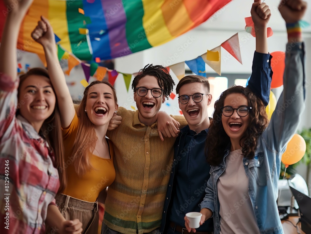 Fototapeta premium A group of people are smiling and hugging each other, with a banner in the background that says 