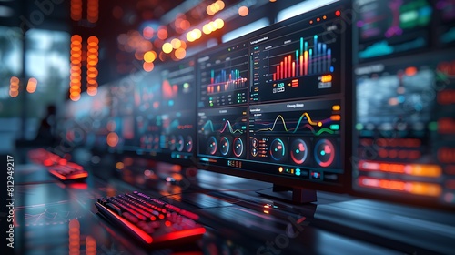 Hyperrealistic portrayal of a monitor with telecommunications analytics visualization, focusing on intricate details of network traffic and bandwidth management.