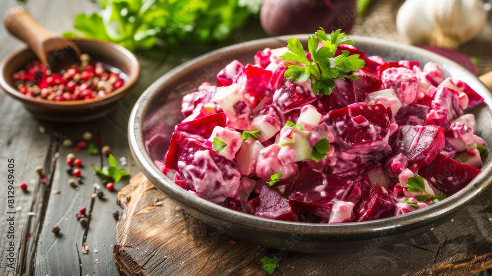 Healthy homemade beetroot salad with creamy yogurt dressing, garnished with parsley on a wooden rustic table, surrounded by spices Healthy homemade beetroot salad with creamy yogurt dressing, garnished with parsley on a wooden rustic table, surrounded by spices
