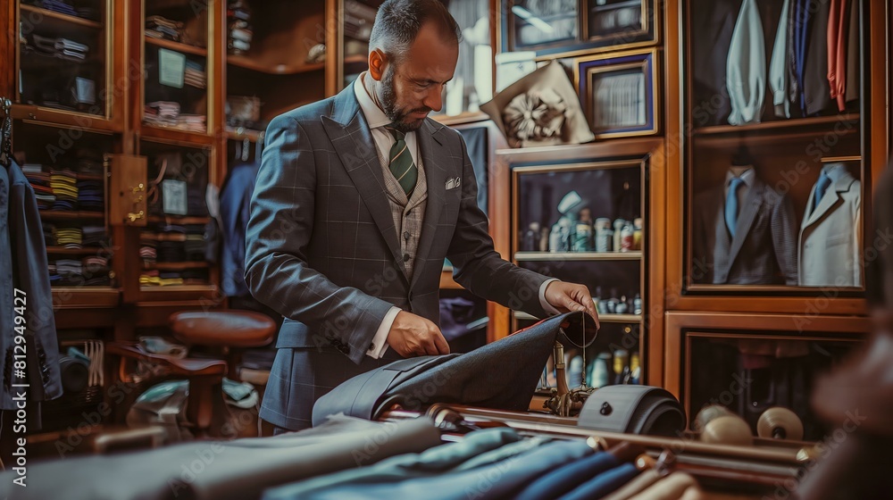 A man in a suit is looking at a jacket in a store. The store is filled with clothes and accessories, and there is a clock on the wall. The man seems to be trying on the jacket A man in a suit is looking at a jacket in a store. The store is filled with clothes and accessories, and there is a clock on the wall. The man seems to be trying on the jacket