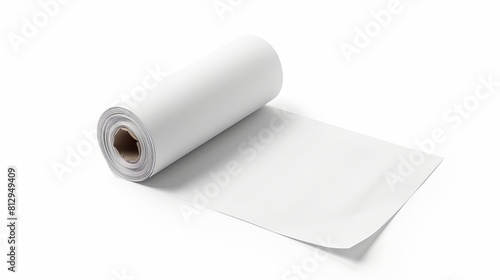 An isolated image presents a blank cash register receipt roll against a white background, suitable for illustrating financial transactions and sales records.