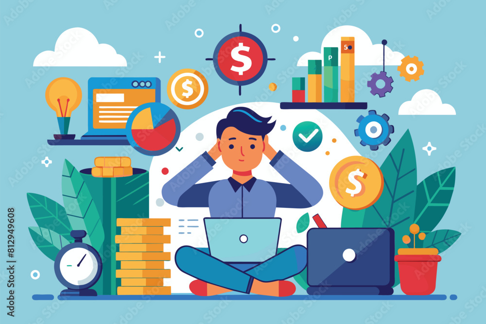 A man is seated in front of a laptop with a stack of money around him, Money stress Customizable Flat Illustration A man is seated in front of a laptop with a stack of money around him, Money stress Customizable Flat Illustration