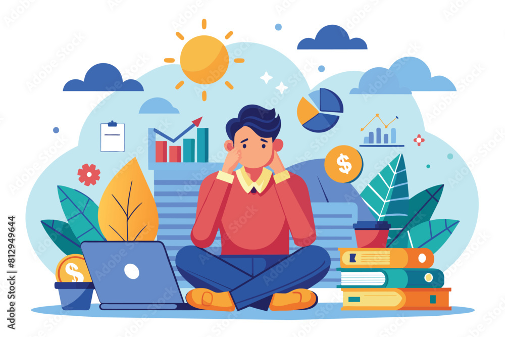 A man seated on a bench with a laptop in front of him, working or browsing on the computer, Money stress Customizable Semi Flat Illustration A man seated on a bench with a laptop in front of him, working or browsing on the computer, Money stress Customizable Semi Flat Illustration