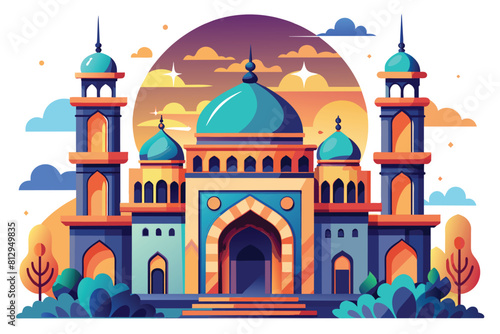 Colorful depiction of a mosque with intricate architecture and vibrant colors, Mosque online service Customizable Disproportionate Illustration