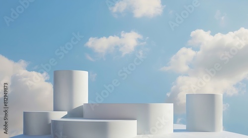 Against the blue sky background gray podiums in cylinder and roundshaped are arranged with a staircase Empty space for cosmetic products presentation : Generative AI photo