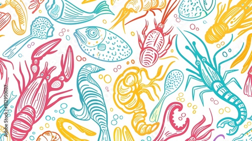 Vibrant Doodle Compilation of Stylized Seafood Delicacies with Wiggly Lines and Abstract Designs Generative ai