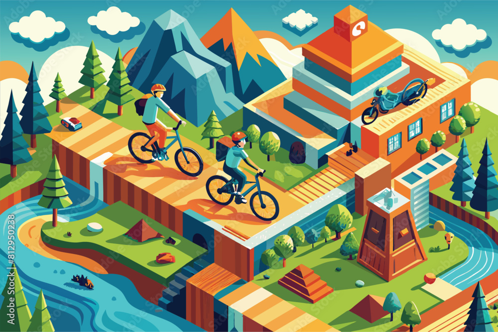 A painting depicting multiple individuals biking across a bridge, Mountain biking Customizable Isometric Illustration A painting depicting multiple individuals biking across a bridge, Mountain biking Customizable Isometric Illustration