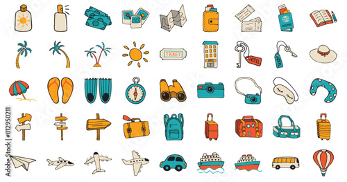 Icon set of elements for summer vacation travel, hand drawn vector doodles in flat style.