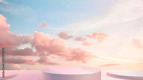 Surreal podium outdoor on blue sky pink violet pastel soft clouds with spaceBeauty cosmetic product placement pedestal present stand minimal displaysummer paradise dreamy concept : Generative AI photo