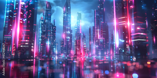 Neon city capital towers with futuristic technology background - Ai Generated