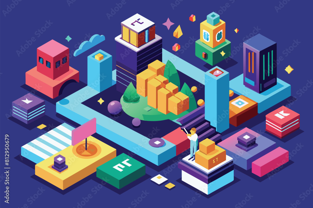 Various colorful objects arranged on a vibrant blue background, Nft Customizable Isometric Illustration Various colorful objects arranged on a vibrant blue background, Nft Customizable Isometric Illustration