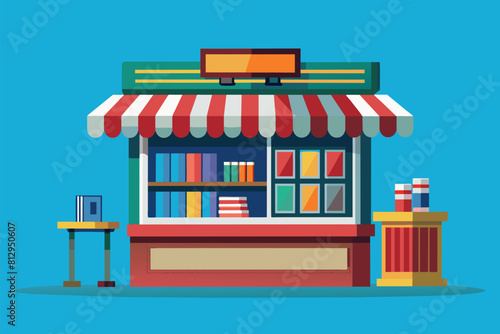 A small store featuring a red and white striped awning in the city, Newsstand Customizable Flat Illustration