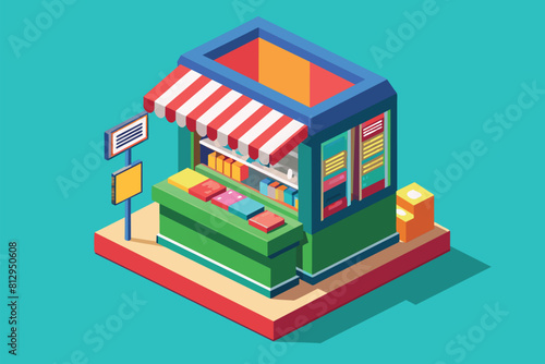 Isometric illustration of a small store featuring a striped awning, Newsstand Customizable Isometric Illustration
