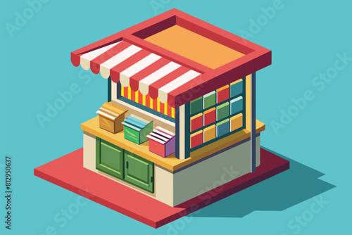 A small building featuring a vibrant red and white striped awning, Newsstand Customizable Isometric Illustration