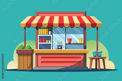 Illustration of a food stand with a colorful striped awning outdoors, Newsstand Customizable Semi Flat Illustration