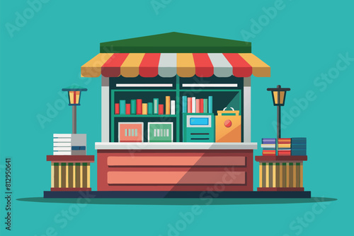 A book store featuring a striped awning outside, Newsstand Customizable Flat Illustration