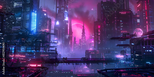 Neon city capital towers with futuristic technology background - Ai Generated
