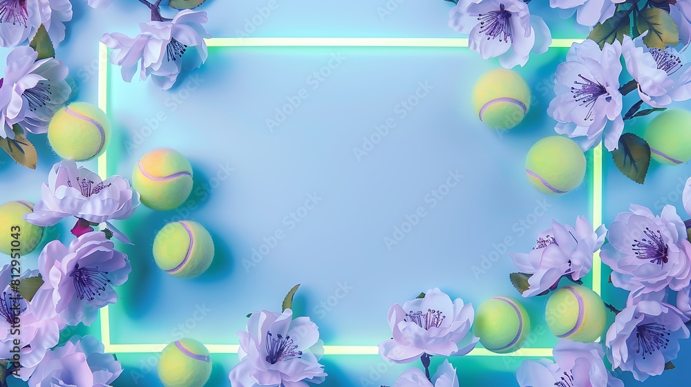 Tennis ball and pretty flowers, blue banner background with copy space, framed background, copy space, space for text,テニスボールと可愛い花、コピー スペースのある青のバナーの背景,フレームのある背景、コピースペース,テキスト用スペース,Generative AI, Tennis ball and pretty flowers, blue banner background with copy space, framed background, copy space, space for text,テニスボールと可愛い花、コピー スペースのある青のバナーの背景,フレームのある背景、コピースペース,テキスト用スペース,Generative AI,